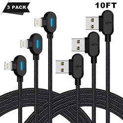 LED iPhone Charger Cable 10 FT 3Pack Right Angle Lightning Cable 90 Degree Nylon Braided Charging Cord Gaming USB Charging/Sync Compatible with iPhone Xs MAX XR X 8 7 6S 6 Plus SE 5S 5C 5, iPad, iPod