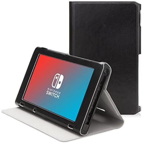 Valkit Protective Case Cover for Nintendo Switch 2017, Comfortable Soft TPU Grip Case and Ergonomic Anti-Scratch Shock-Absorption Cover with Leather Smart Cover,Black