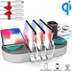Charging Station for Multiple Devices, DGStore 2 QI Wireless Charging Pad 4 Port USB Charger Station Dock, Compatible with iPhone iPad Android Smart Phone Tablet Multi Device(Silver)