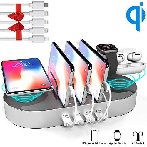 Charging Station for Multiple Devices, DGStore 2 QI Wireless Charging Pad 4 Port USB Charger Station Dock, Compatible with iPhone iPad Android Smart Phone Tablet Multi Device(Silver)