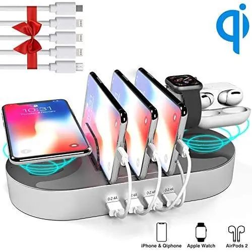 Charging Station for Multiple Devices, DGStore 2 QI Wireless Charging Pad 4 Port USB Charger Station Dock, Compatible with iPhone iPad Android Smart Phone Tablet Multi Device(Silver)