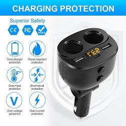 USB C Car Charger, Rocketek 2 Sockets Cigarette Lighter Splitter Adapter Dual USB Type C Ports Separate Switch LED Voltage Display Built-in Replaceable 10A Fuse for Mobile Cell Phone GPS Dash Cam