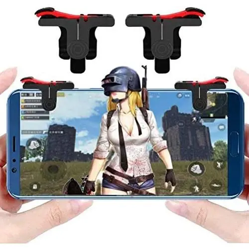 HOJI Slope Shape Pubg Triggers Cum Gamepad Joystick Compatible with All Smartphones - (Dark Red), Compatible for All Smartphones (1 Pairs Set)