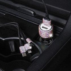 Bling USB Car Charger 5V/2.1A Multicolor Crystal Decor Dual Port Fast Adapter with 3.9ft Nylon Type C/Micro USB 3-in-1 Multi Charging Cable for iPhone iPad Android,Car Interior Accessories for Women