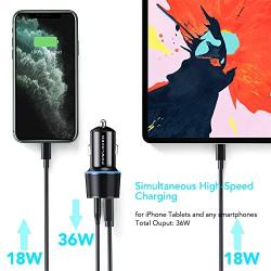 [Latest 2020] USB C PD Car Charger, Total 36W Dual Type C Fast PD Car Charger with 18W Power Delivery & Quick Charge 3.0 for iPhone11 Pro MAX/11 Pro, iPad and More(USB C to A Cable Included)