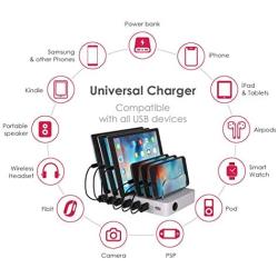 TIMSTOOL 6 USB Charging Station for Multiple Devices - No Buzz - LED Indication - Smart Fast Charging Dock Compatible with iPhone iPad Cellphone Silver