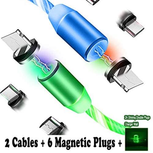 LED Flowing Magnetic Charger Green Blue Cable Light Up Candy Moving Party Shining Charger Phone Charging Cable Magnetic Streamer Absorption USB Snap Quick Connect 3 in 1 USB Cable