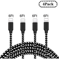 MeiShi MFi Certified iPhone Charger 4 Pack 6FT High Speed Nylon Braided USB Fast Charging&Data Syncs Cord Compatible iPhone Xs/Max/XR/X/8/8Plus/7/7Plus/6S/6S Plus/SE/iPad/iPod (Black+White).