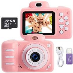 KUMUKA Kids Camera for Girls, 8.0MP Child Camera with 2.4 Inch Screen and 32GB Memory Card, Rechargeable Children Camcorder for Girls Boys Gift, Support Flashlight/Video Recording/Playback (Pink)