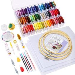 Caydo 164 Pieces Embroidery Kit with Instructions, 72 Color Threads with Organizer Box, 3 Pieces Aida Cloth, Embroidery Hoops and Cross Stitch Tools for Adults and Kids Beginners