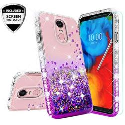 LG Rebel 4 Case,LG Aristo 3 Case,LG Zone 4/LG Phoenix 4/LG Risio 3/Aristo 2 Plus Case w[Temper Glass] Cute Liquid Glitter Phone Case Cover Shock Proof Bling Diamond for Girls Women - Clear/Purple