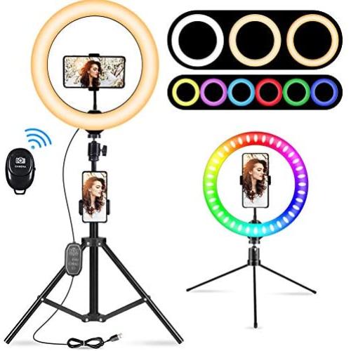 10.2" Selfie Ring Light with Tripod Stand - Dimmable RGB Ring Light LED Circle Lights Halo Lighting with Stand & Phone Holder for Live Steaming Make Up Vlogging Video, Compatible for iPhone Android