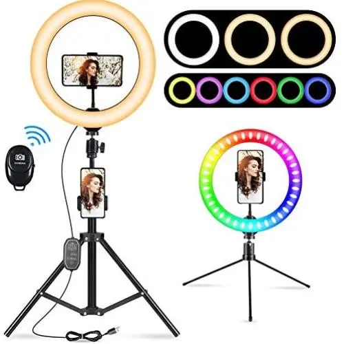 10.2" Selfie Ring Light with Tripod Stand - Dimmable RGB Ring Light LED Circle Lights Halo Lighting with Stand & Phone Holder for Live Steaming Make Up Vlogging Video, Compatible for iPhone Android 10.2" Selfie Ring Light with Tripod Stand - Dimmable RGB Ring Light LED Circle Lights Halo Lighting with Stand & Phone Holder for Live Steaming Make Up Vlogging Video, Compatible for iPhone Android