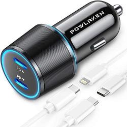 [2020 Latest] USB C PD Car Charger, POWLAKEN 36W 2-Port Fast PD Car Charger with Dual 18W Power Delivery for iPhone 11/11 Pro/11 Pro Max, Galaxy Phone and More (USB C to C & Lightning Cable Included)