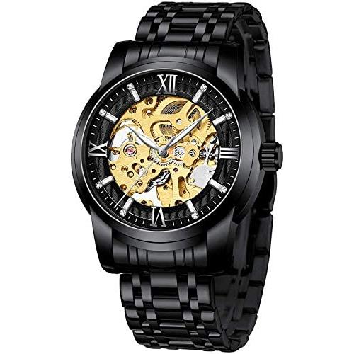 Mens Watches Mechanical Automatic Self-Winding Stainless Steel Skeleton Luxury Waterproof Diamond Dial Wrist Watches for Men