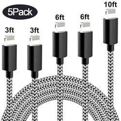 Sharllen Lightning Cord 5Pack[3/3/6/6/10FT] Nylon Braided Cell-Phone Charging Cable USB Fast Charging & Syncing Long Cord,iPhone Charger Compatible iPhone XS/Max/XR/X/8/8P/7/7P/6/iPad/iPod Black&White