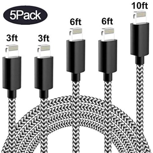 Sharllen Lightning Cord 5Pack[3/3/6/6/10FT] Nylon Braided Cell-Phone Charging Cable USB Fast Charging & Syncing Long Cord,iPhone Charger Compatible iPhone XS/Max/XR/X/8/8P/7/7P/6/iPad/iPod Black&White