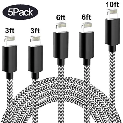Sharllen Lightning Cord 5Pack[3/3/6/6/10FT] Nylon Braided Cell-Phone Charging Cable USB Fast Charging & Syncing Long Cord,iPhone Charger Compatible iPhone XS/Max/XR/X/8/8P/7/7P/6/iPad/iPod Black&White