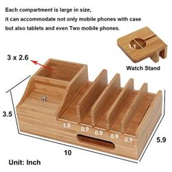 Bamboo Charging Station for Multiple Devices with 5 Port USB Charger, 5 Charger Cables and Apple Watch Stand. Wood Desktop Dock Stations Electronic Organizer for Cell Phone, Tablet, Watch, Office