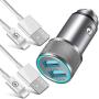 iPhone Car Charger, LUOSIKE 2.4A/5V AL-Alloy Dual USB Car Charger Adapter with 2-Pack 3FT Lightning Fast Charging Sync Cable Compatible with iPhone 11/XS/XR/X, 8/7/6S Plus/5S/SE2, iPad Pro/Air/Mini