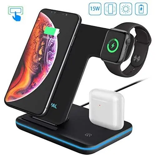 Wireless Charger, LINKPAL 3 in 1 Qi-Certified 15W Fast Charging Station for Apple iWatch 5/4/3/2/1,AirPods,Wireless Charging Stand Compatible with iPhone 11 /XS MAX/XR/XS/X/8 Plus/Samsung (Black) Wireless Charger, LINKPAL 3 in 1 Qi-Certified 15W Fast Charging Station for Apple iWatch 5/4/3/2/1,AirPods,Wireless Charging Stand Compatible with iPhone 11 /XS MAX/XR/XS/X/8 Plus/Samsung (Black)
