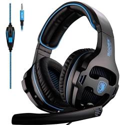 SADES SA810 Stereo Gaming Headset,Professional 3.5mm Over Ear Headphones with Mic and Volume Control,Bass Surround, Soft Memory Earmuffs Compatible with Laptop PC Mac iPad and Smart Phones (Black&Blue