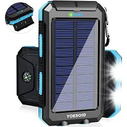 Solar Charger 20000mAh YOESOID Portable Outdoor Waterproof Solar Power Bank Camping External Battery Packs with Dual USB Output 2 Led Light Flashlight Compatible Most Smart Phones and Tablets