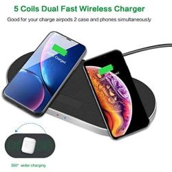 ZealSound 5 Coils Wireless Charger Charging Pad, Fast Quick Anti-Slip Silicon Metal Aluminum w/QC 3.0 Adapter Chargers Station Dock for Qi New AirPods Multiple Devices Cant Support 15W Phones-Black