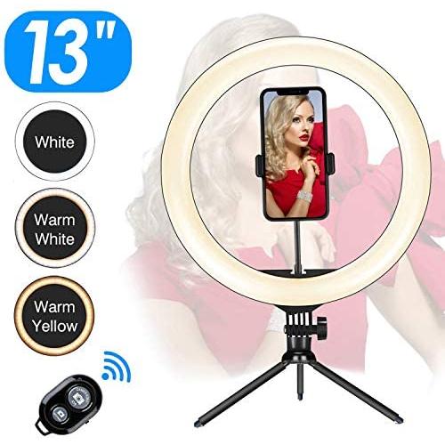 13” Ring Light LED Desktop Selfie Ring Light USB LED Desk Camera Ringlight 3 Colors Light 10 Brightness with Tripod Stand Cell Phone Holder and Remote Control for Photography, Make-up, YouTube