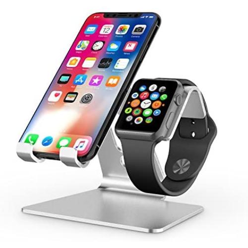 Apple Watch Stand, OMOTON 2 in 1 Universal Desktop Stand Holder for iPhone and Apple Watch Series 5/4/3/2/1 (Both 38mm/40mm/42mm/44mm) (Silver)