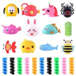 TUPARKA 22 Pcs Charger Cable Protector, Plastic Cute Fish Animal Unicorn Charging Cable Saver and Spring-Shaped Flexible Cable Protecters, USB Cable Saver Phone Accessory Protect Charger Cable