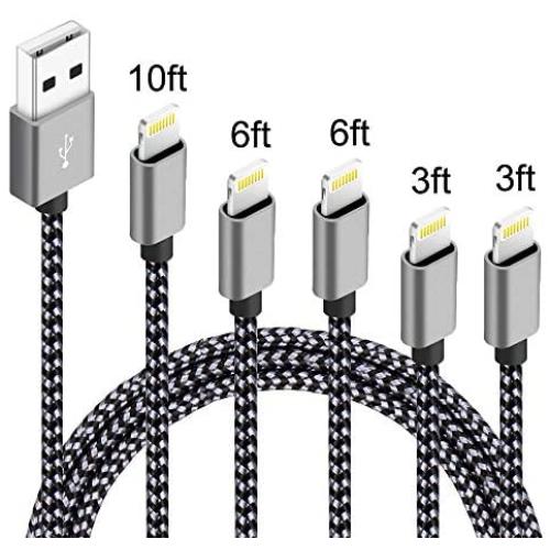 5Pack (3ft,3ft,6ft,6ft,10ft) Nylon Braided Charging Cord Charger Compatible with PhoneX/8/8Plus 7/7 Plus/6s/6s Plus/6/6 Plus/5s/55se,Pad,Pod and More (Black+Gray)