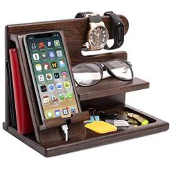 TESLYAR Wood Phone Docking Station Ash Key Holder Wallet Stand Watch Organizer Men Gift Husband Wife Anniversary Dad Birthday Nightstand Purse Father Graduation Male Travel Idea Gadgets