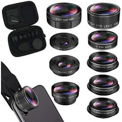 iPhone Lens Kit, Phone Camera Lens 9 in 1 Zoom Telephoto Lens+198° Fisheye +0.35X Super Wide-Angle + 20X Macro Lens + 0.63X Wide Lens + CPL +Kaleidoscope Lens +Starburst for Samsung Android Smartphone