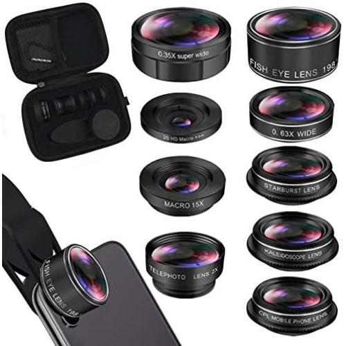 iPhone Lens Kit, Phone Camera Lens 9 in 1 Zoom Telephoto Lens+198° Fisheye +0.35X Super Wide-Angle + 20X Macro Lens + 0.63X Wide Lens + CPL +Kaleidoscope Lens +Starburst for Samsung Android Smartphone