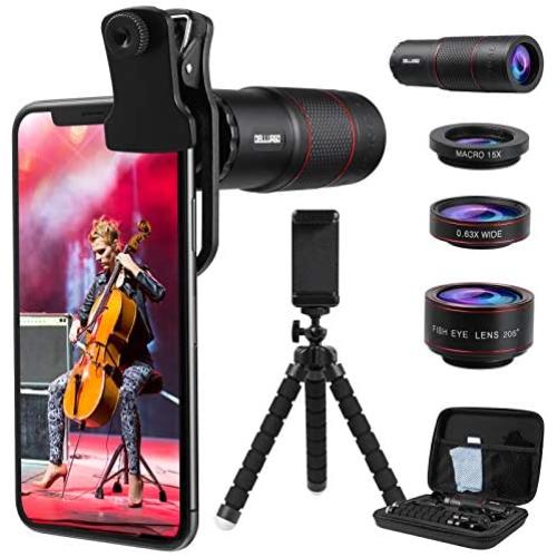 DELLURGO Phone Camera Lens 20x Telephoto Lens 205° Fisheye Lens 15x Macro Lens 0.63x Wide Angle Lens with Tripod Travel Case Cell Phone Lens Kit for iPhone XR/Xs/Max/8/7/6 Plus/Samsung/Google Pixel