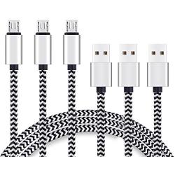 Micro USB Cable 6ft 3Pack by Ailun High Speed 2.0 USB A Male to Micro USB Sync Charging Nylon Braided Cable with 56k Ohm Pull-up Resistor for Smartphone Tablets Silver and Blackwhite