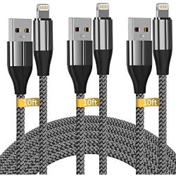 iPhone Charger 10 ft,3 Pack Lightning Cable & Data Sync Fast 10 Foot Nylon Braided Cord Compatible with iPhone Xs max/xr/x/8/8 Plus/7/7plus/6/6s Plus/5s/5,iPad(Silver)