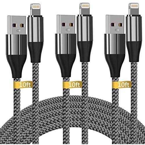 iPhone Charger 10 ft,3 Pack Lightning Cable & Data Sync Fast 10 Foot Nylon Braided Cord Compatible with iPhone Xs max/xr/x/8/8 Plus/7/7plus/6/6s Plus/5s/5,iPad(Silver)