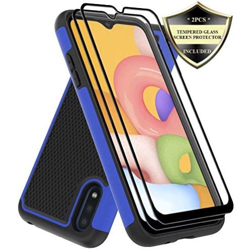 Dahkoiz Galaxy A01 Case with Tempered Glass Screen Protector [2 Pack], Armor Defender Cover Samsung Galaxy A01 Cases Dual Layer Hybrid Protective Phone Case for Samsung Galaxy A01, Blue