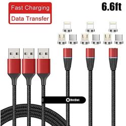 NetDot Gen12 3 in 1 Magnetic Fast Charging Data Transfer Cable Compatible with Micro USB & USB-C Smartphones and i-Product(6.6ft/3 Pack red)