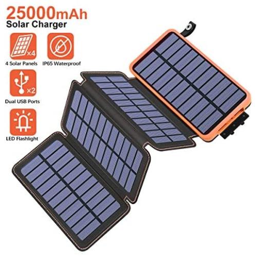 Tranmix Solar Charger 25000mAh Portable Power Bank with 4 Solar Panels 6W Power Phone Charger for Smart Phones, Tablets and Outdoor Waterproof