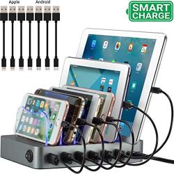 Simicore Charging Station for Multiple Devices, Simicore 6-Port USB Charger Station with 7 Short Mixed Cables for Cell Phones, Smart Phones, Tablets (Space Gray)