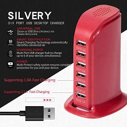 6-Port USB Wall Charger Desktop Charging Station Quick Charge 2.1,Compatible with Tablets Smartphones and More(Coral red)