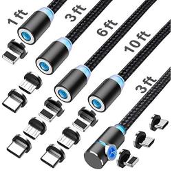 Crozziz Magnetic Charging Cable(5 Pack,1ft/3ft/3ft/6ft/10ft) 3 in 1 Cable,Compatible with Mirco USB, Type C Smartphone and iProduct Device(Black)