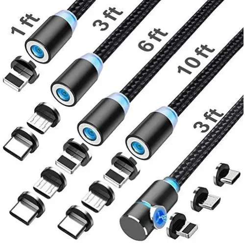 Crozziz Magnetic Charging Cable(5 Pack,1ft/3ft/3ft/6ft/10ft) 3 in 1 Cable,Compatible with Mirco USB, Type C Smartphone and iProduct Device(Black)