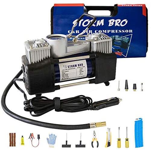 STORM BRO 12V DC Portable Air Compressor Pump Tire Inflator Dual Cylinders Backlight Display 12V Heavy Duty Air Pump with Tool Box for Car Tires, Balls, Other Inflatables