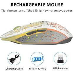 Q8 Wireless Gaming Computer Mouse, 2.4GHz USB Optical Rechargeable Ergonomic LED Wireless Silent Mouse, 3 Adjustable DPI, 6 Buttons, Compatible with PC, Laptop, Notebook, Desktop (White)