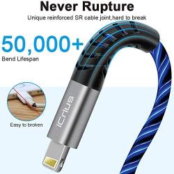 iPhone Charger, iCrius Apple MFi Certified 6FT Lightning Cable Led Light Up USB Fast Charging Cord Compatible with iPhone SE/ 11/Pro/Max/X/XS/XR/XS Max/8/Plus/7/7 Plus/6/6S/6 Plus, iPod Touch (Blue)