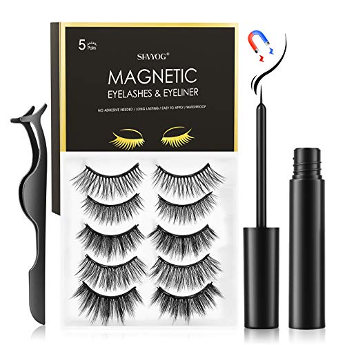 Magnetic Eyelashes with Eyeliner, SHVYOG 5 Pairs Upgraded Magnetic Eyelash Kit, Natural Look False Reusable Magnetic Lashes for Women, Magnetic Eyeliner and Eyelashes Kit with Tweezers Inside